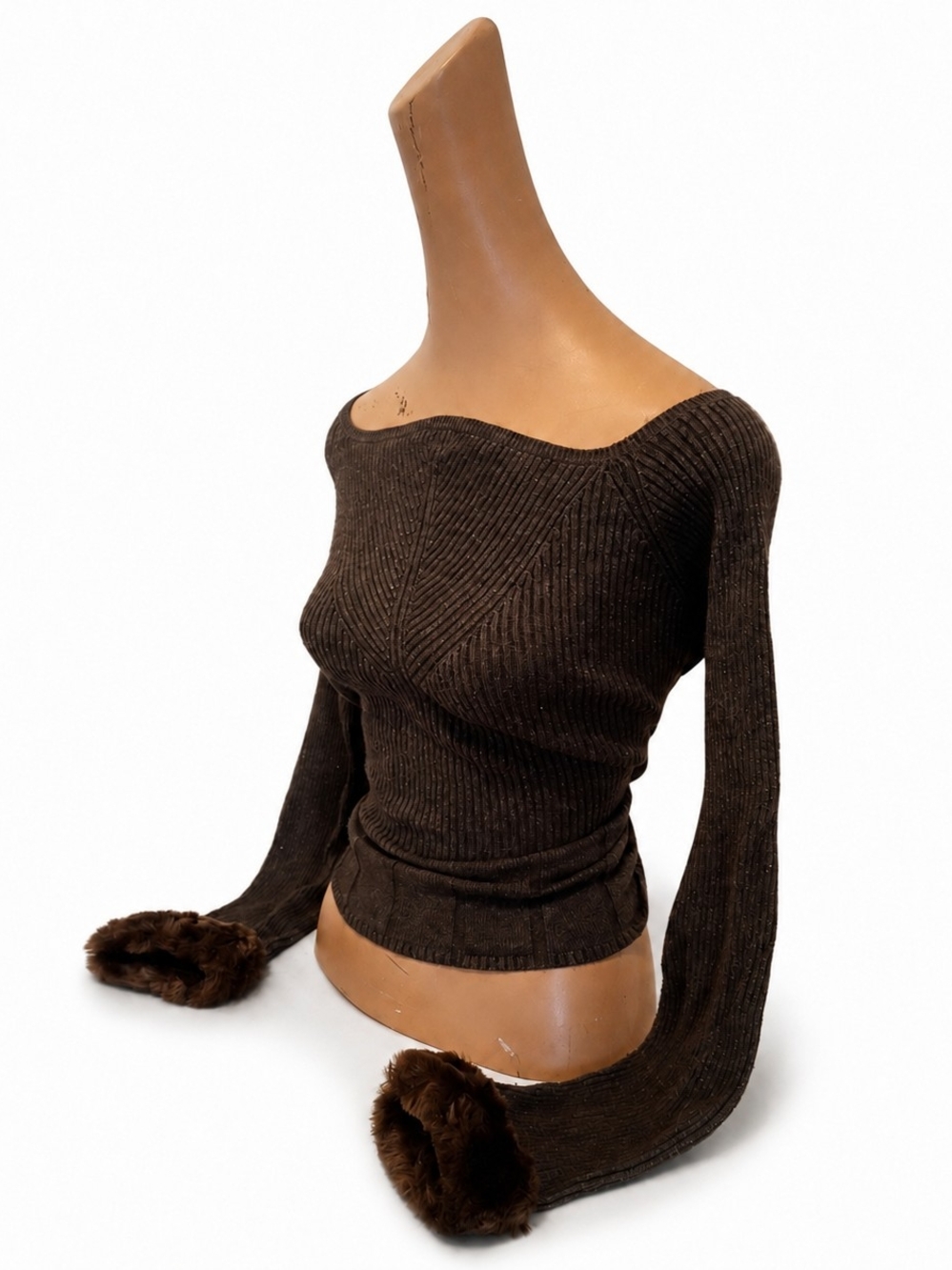 Vintage Off The Shoulder Ribbed Sweater w/ Fur Cuffs — Large